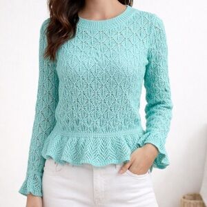 Anthropologie Flounce Hem Pointelle Sweater Small Petite Turquoise NWT